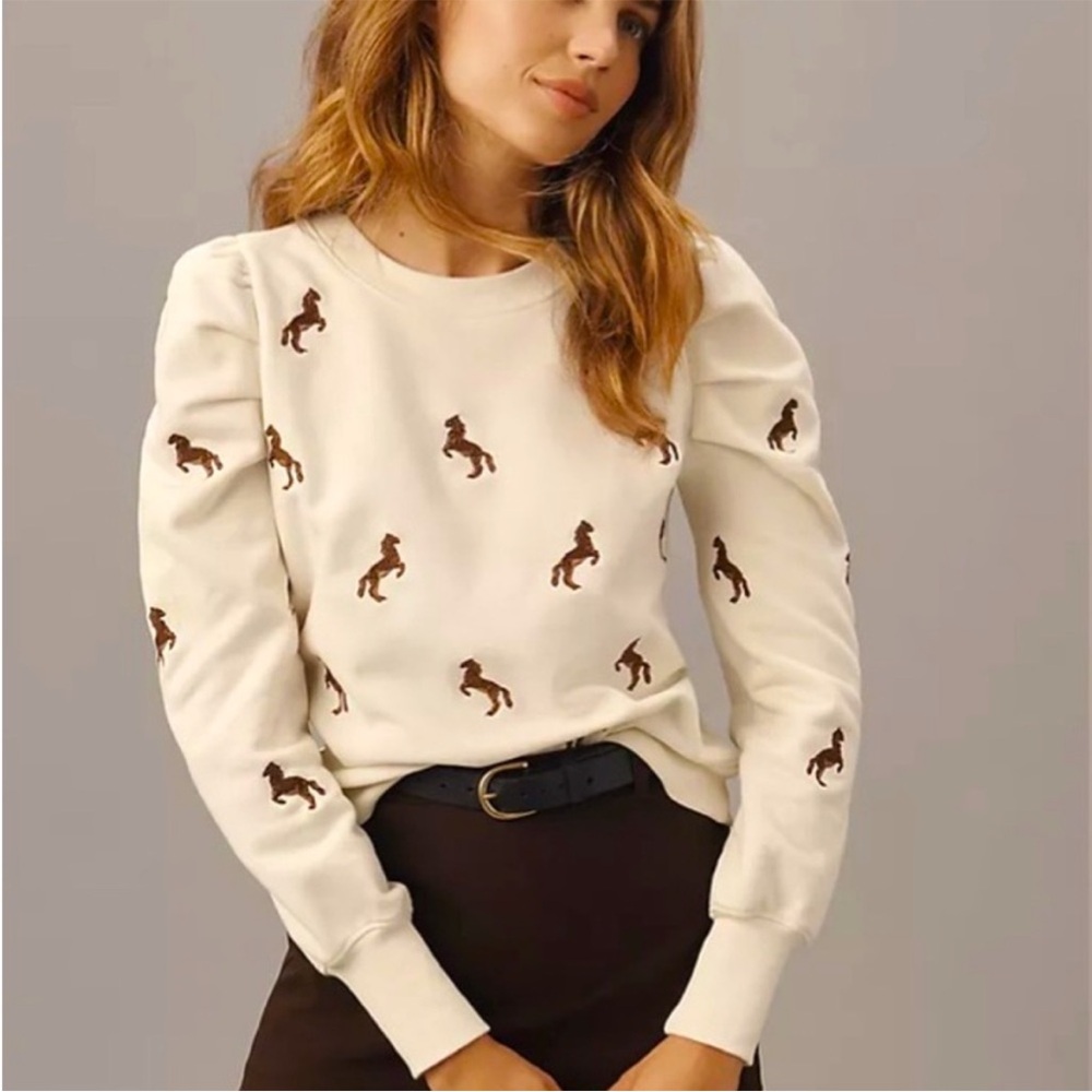 Maeve Puff Sleeve Cream Sweatshirt with Brown Horse Embroidery